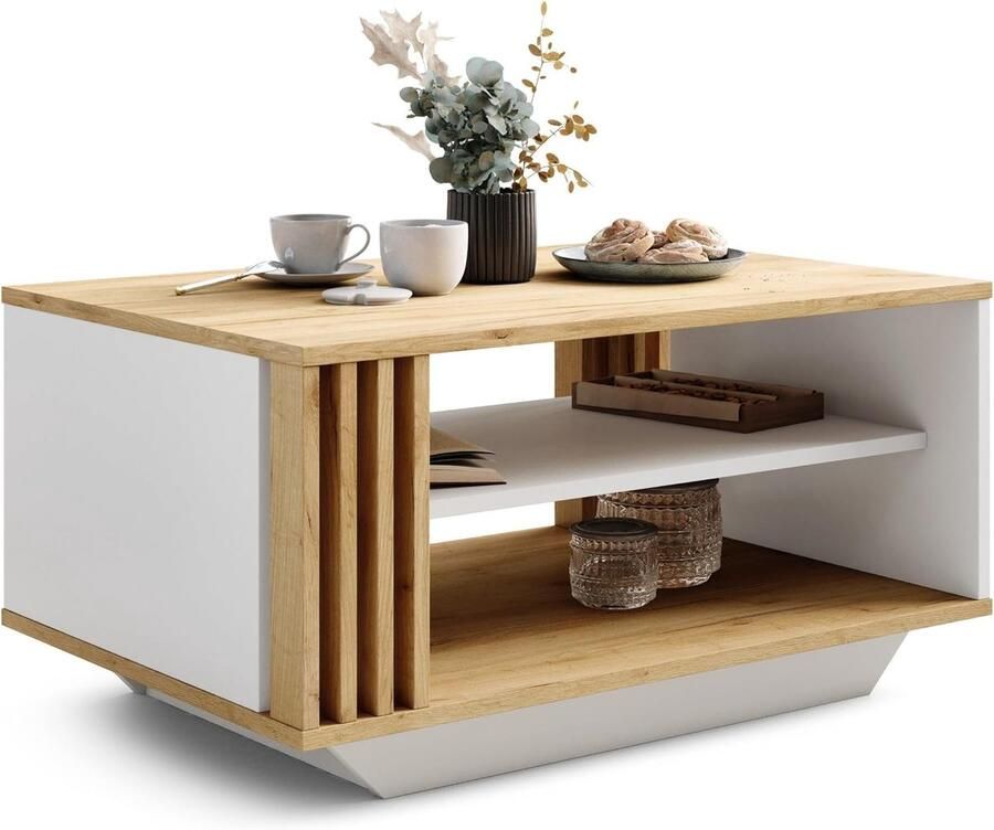 Salontafel met Lamellen en Opbergruimte – Craft Eik & Wit – Moderne Koffietafel voor de Woonkamer