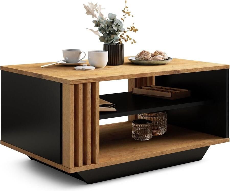 Salontafel met Lamellen en Opbergruimte – Lancelot Eik & Zwart – Rechthoekige Design Koffietafel voor de Woonkamer