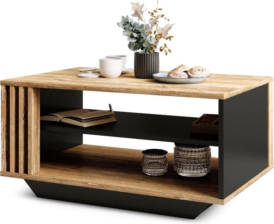 Salontafel met Lamellen en Opbergruimte – Retro Hout & Zwart – Moderne Rechthoekige Koffietafel voor de Woonkamer