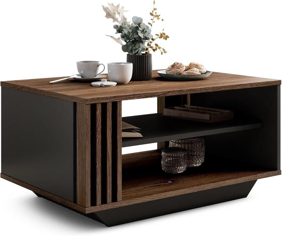 Salontafel met Lamellen en Opbergruimte – Silverjack Eik & Antraciet – Rechthoekige Koffietafel voor de Moderne Woonkamer