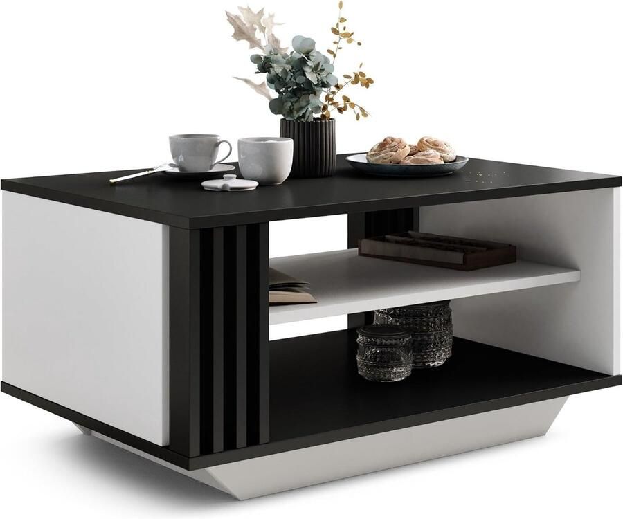 Salontafel met Lamellen en Opbergruimte – Zwart & Wit – Moderne Rechthoekige Koffietafel voor de Woonkamer