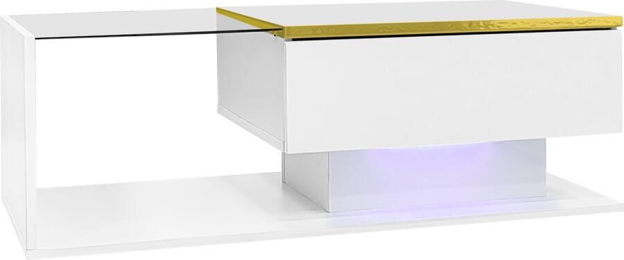 Salontafel met LED-verlichting open vakken en 1 gesloten verborgen opbergruimte moderne hoogglans ontwerp gedeeltelijk gehard glas op het blad 90x50x32 5 cm wit