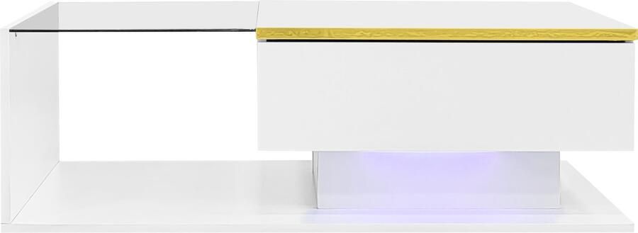 Salontafel met LED-verlichting open vakken en 1 gesloten verborgen opbergruimte moderne hoogglans ontwerp gedeeltelijk gehard glas op het blad 100x50x32 5 cm wit