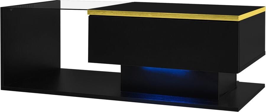 Salontafel met LED-verlichting open vakken en 1 gesloten verborgen opbergruimte moderne hoogglans ontwerp gedeeltelijk gehard glas op het blad 90x50x32 5 cm Zwart
