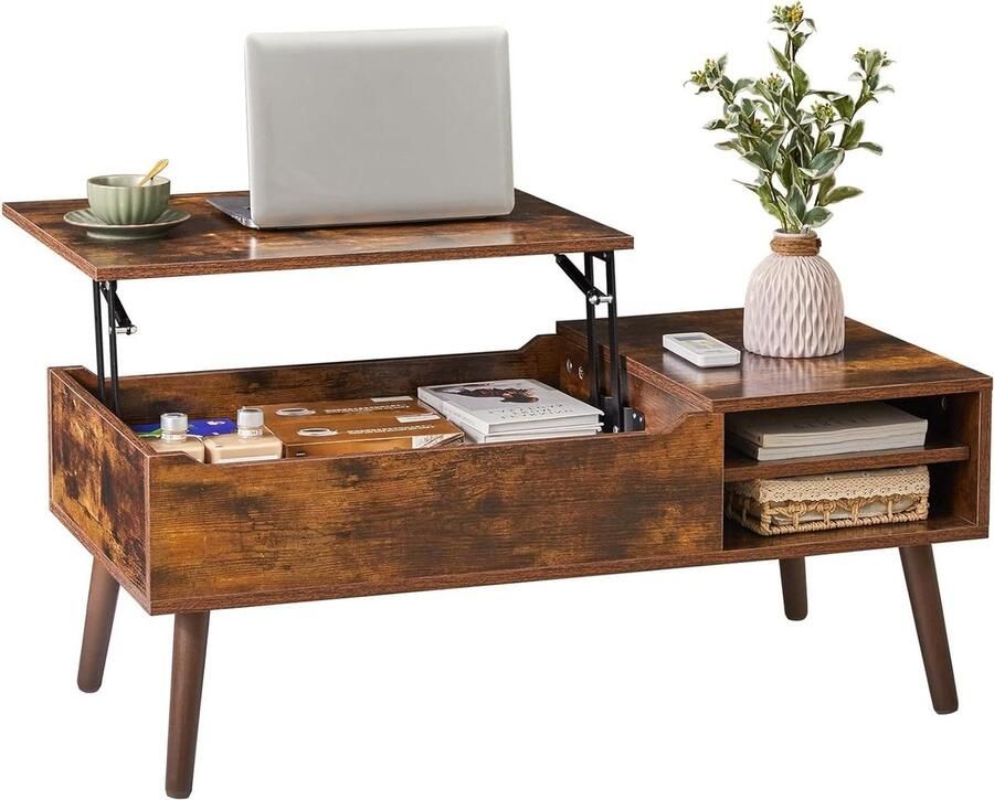Salontafel met lifttop en verborgen compartiment verstelbare opbergplank stijgende tafelblad eettafels voor woonkamer rustiek bruin