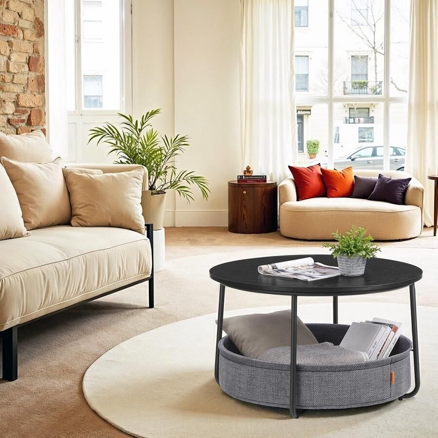 Salontafel Met Mand Inktzwart Leigrijs Stof