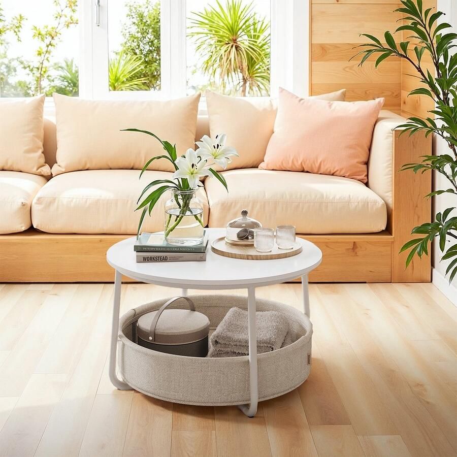 Salontafel Met Mand Mat Wit Kameelbruin Stof