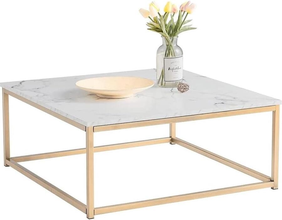 Salontafel met marmerlook woonkamertafel vierkante banktafel met stalen frame bijzettafel wit + goud 80 x 80 x 34 cm