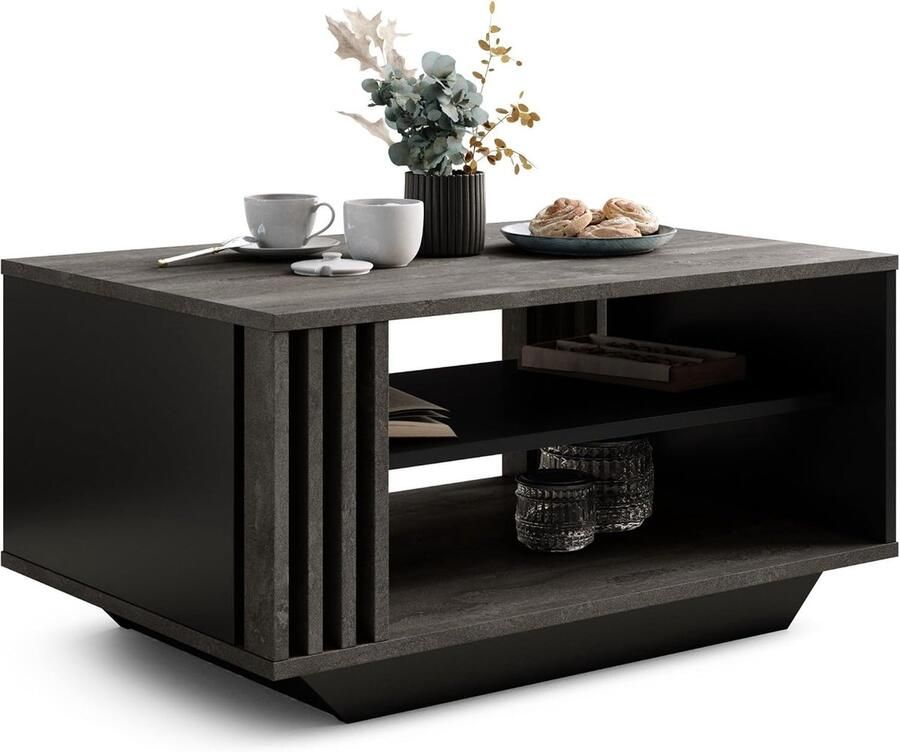 Salontafel met Moderne Lamellen en Opbergruimte – Rechthoekige Koffietafel in Betonlook & Zwart Staal – Industriële Woonkamertafel