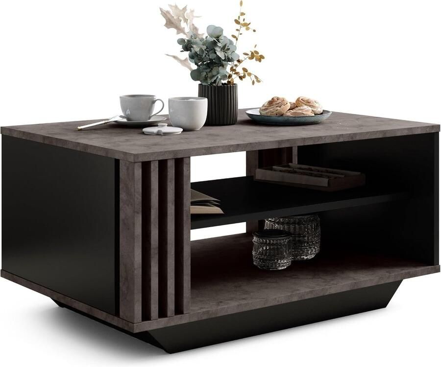 Salontafel met Moderne Lamellen – Rechthoekige Koffietafel met Opbergruimte – Lupek Arosa & Donkerzwart Design