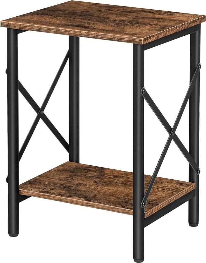 Kleine industriële bijzettafel met opbergplank X-vormig ontwerp stalen frame eenvoudige montage rustiek bruin opbergrek