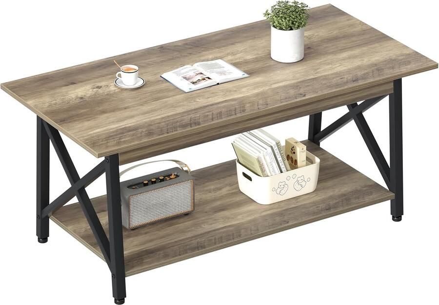 Salontafel met opbergruimte 100 cm rechthoekig modern 2-traps woonkamertafel industriële stijl X-design salontafel ruimtebesparende kleine tafel eenvoudige montage grijs