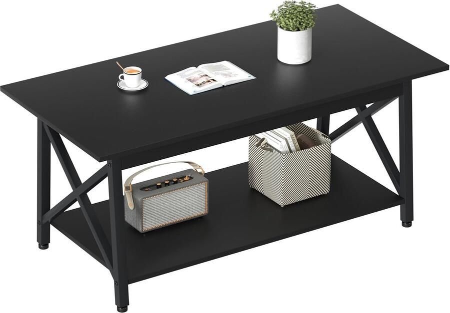 Salontafel met opbergruimte 100 cm rechthoekige moderne 2-laags salontafel industriële stijl X-design salontafel ruimtebesparende kleine tafel eenvoudige montage zwart