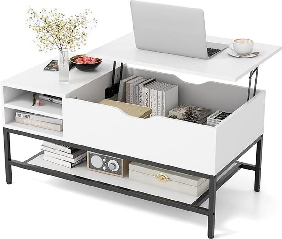 Salontafel met opklapbaar blad in hoogte verstelbaar woonkamertafel met verborgen opbergvak en verwijderbare plank uitschuifbare salontafel voor thuis kantoor (wit)