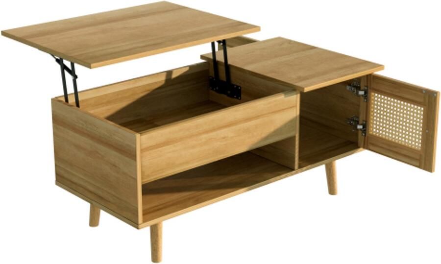 GOTAGEE Salontafel met opklapbaar tafelblad en rotandeuren houtkleur met zwarte accenten voor de woonkamer – opbergruimte en functioneel design