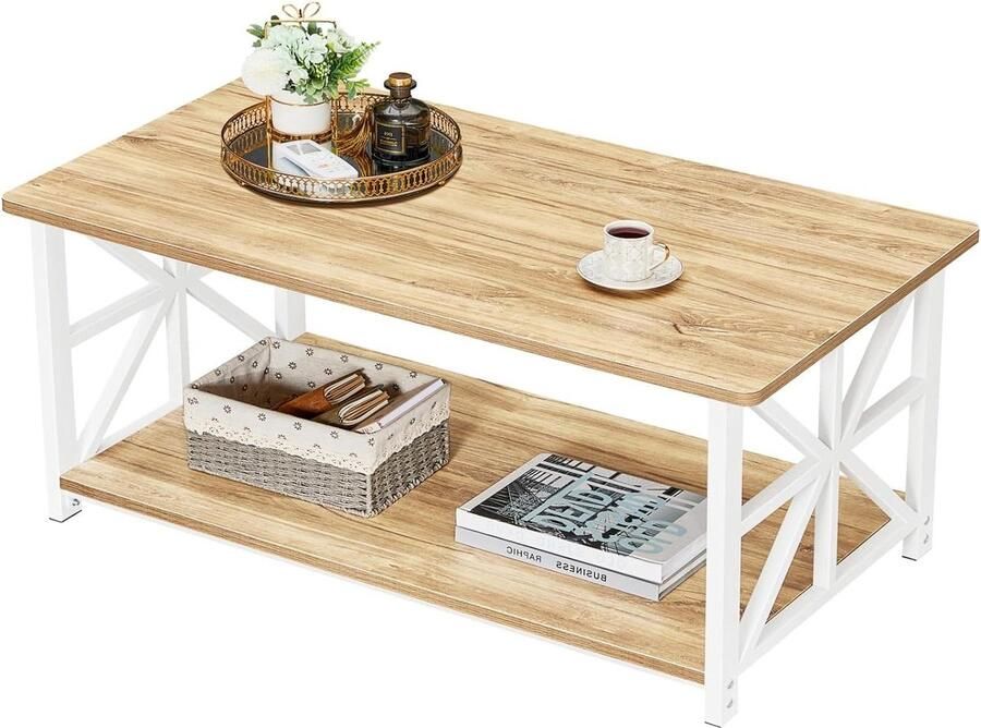 Salontafel met ronde hoek 100 cm en opslagplank X-Frame ontwerp voor woonkamer en home office eiken