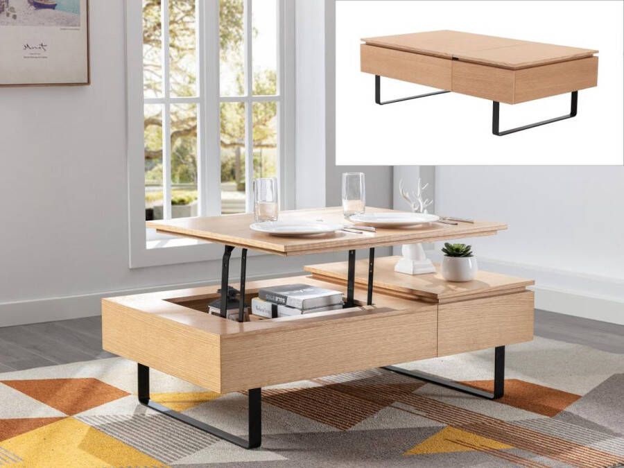 Salontafel met verstelbaar blad en 1 lade van MDF en metaal Licht natuurlijk DALAHO L 120 cm x H 38.3 cm x D 70 cm