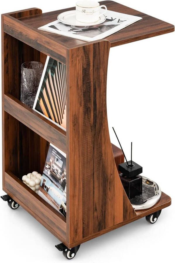 Salontafel met zwenkwieltjes C-vormig Verplaatsbare Salontafel met 2-Laags Open Opbergplankje 2 Achtervakken Vintage Salontafel voor Woonkamer Slaapkamer