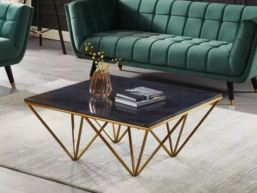 Salontafel MINDI Marmer en metaal Zwart en goudkleurig L 90 cm x H 40 cm x D 90 cm