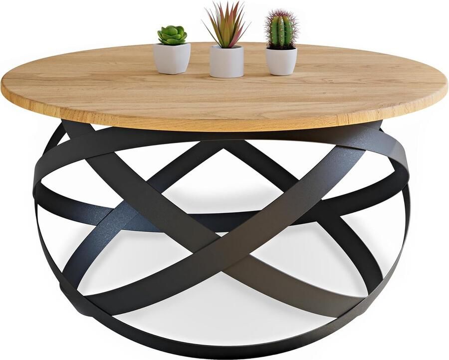 Trankielo Luxe Salontafel van Massief Eikenhout en Staal Modern en Artisanal Zwart en Rond Ø70x40 cm