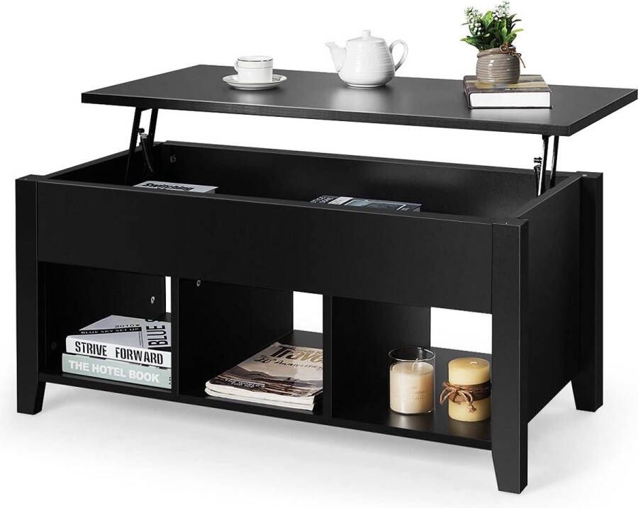 Salontafel multifunctionele moderne koffietafel cocktailtafel met in hoogte verstelbare bovenzijde & verborgen opbergruimte & drie open planken aan de onderkant huis bureaumeubilair voor de woonkamer (Zwart)