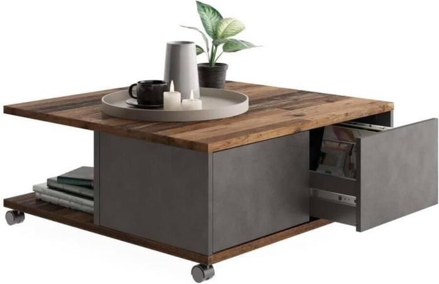 Merkloos Salontafel op wielen Matera en decor in oude donkere stijl L70 x H36 x D70 cm Made in Germany TWIN