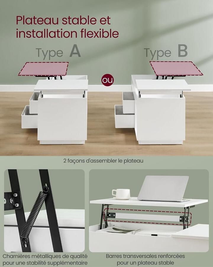 ZAZA Home Salontafel ModernLiving Opklapbaar blad 2 lades Wit