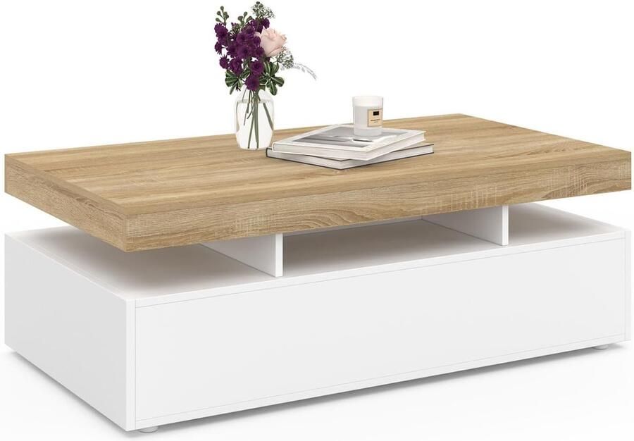 Salontafel Rechthoekig – 2 Laden Wit Hout met Beukenlook Blad Elegant en Functioneel voor Woonkamer of Lounge