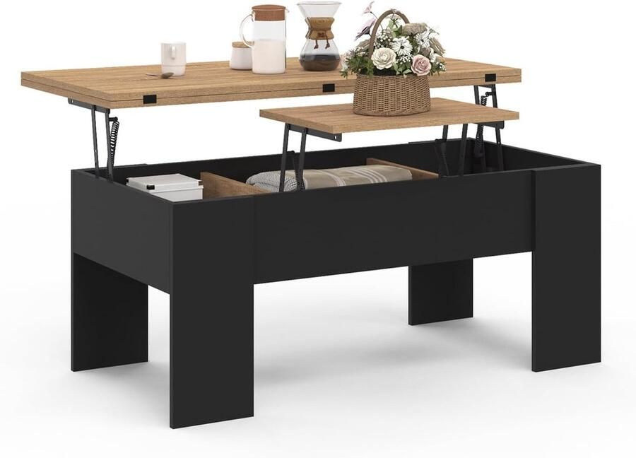 Salontafel rechthoekig met opklapbaar blad hout zwart en betonlook modern design voor woonkamer