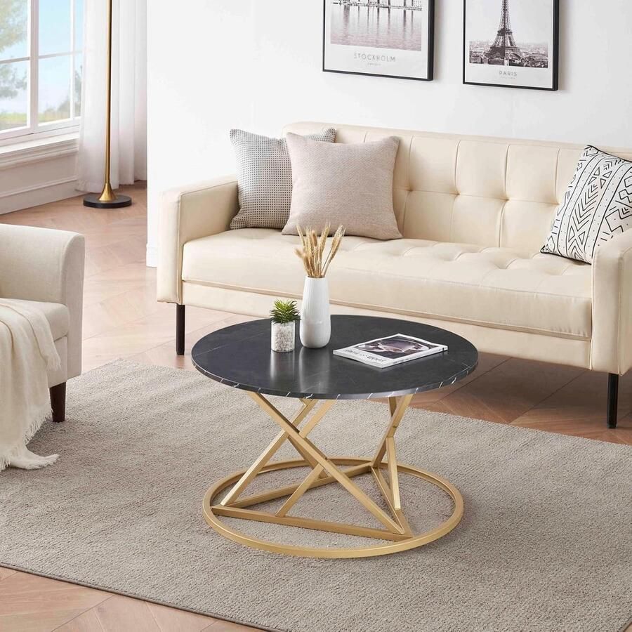 Salontafel rond marmeren salontafel met goudkleurig metalen frame 80 cm ruim bureau woonkamertafel modern bijzettafel rond zwart