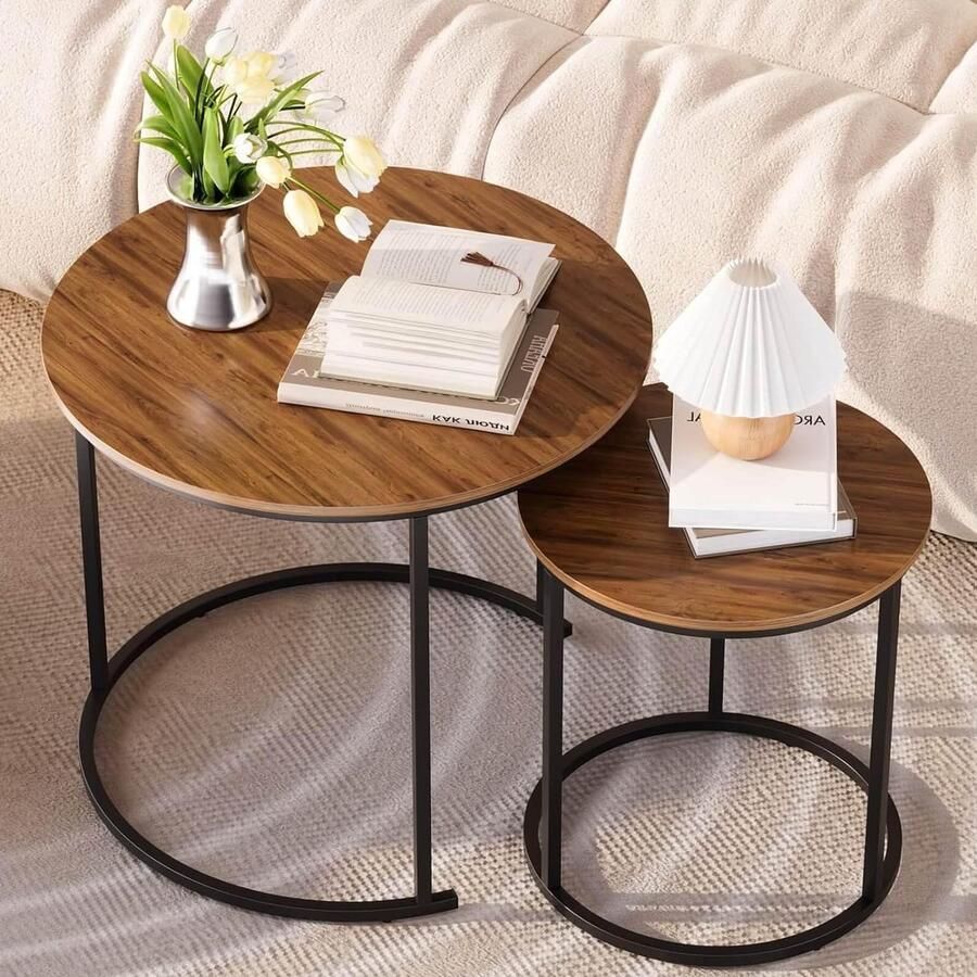 Salontafel rond set van 2 bijzettafels woonkamertafel moderne bijzettafel van hout met stabiel metalen frame geschikt voor woonkamer balkon kantoor (houtnerf)