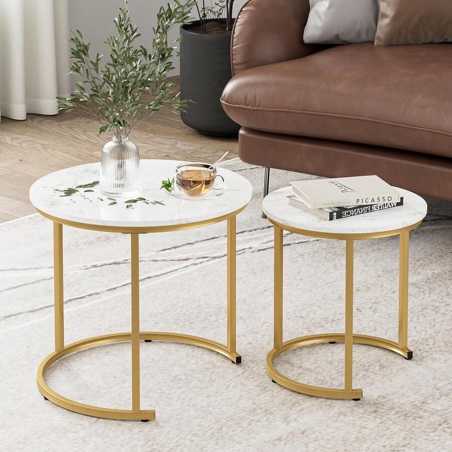 Salontafel rond set van 2 woonkamertafel bijzettafels goud metaal koffietafel voor salontafel woonkamer slaapkamer witte inkt goud - Foto 2