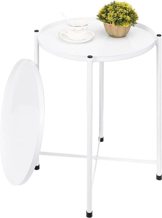 Witte ronde bijzettafel voor binnen en buiten waterdicht en anti-roest salontafel nachtkastje met 2-laags metalen dienblad voor woonkamer slaapkamer balkon
