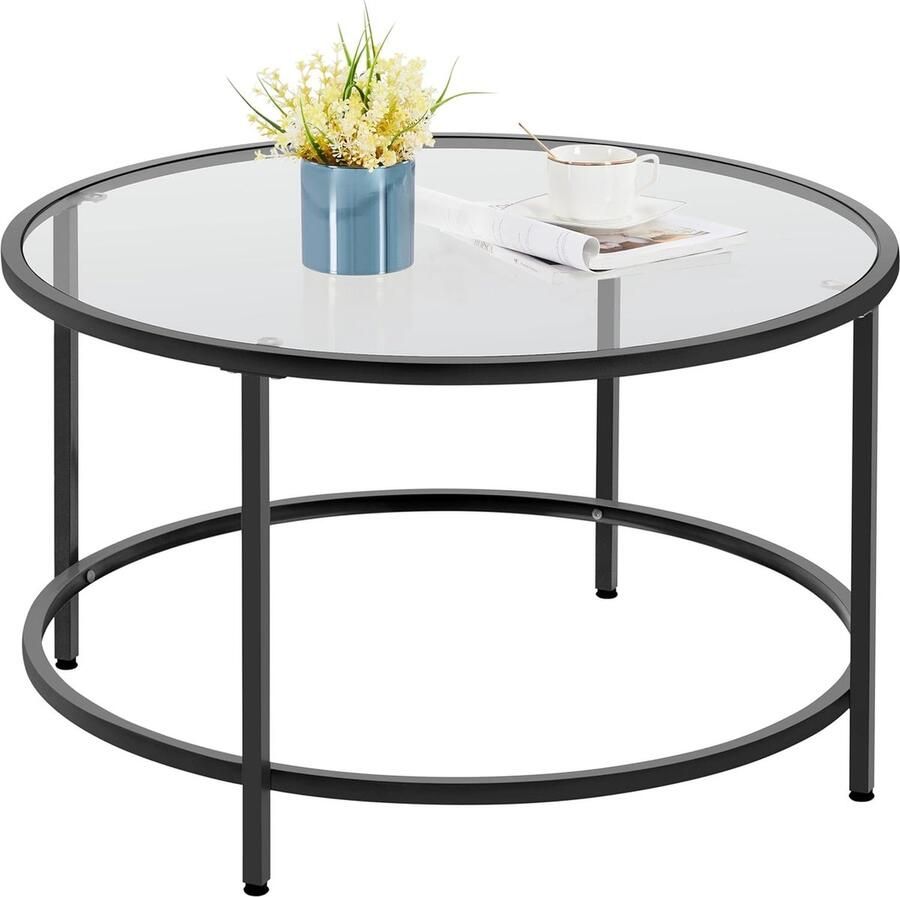 Salontafel ronde koffietafel met verstelbare beschermpoten bijzettafel woonkamertafel van gehard glas en metalen frame moderne glazen tafel voor woonkamer balkon 80 × 80 × 45 cm zwart