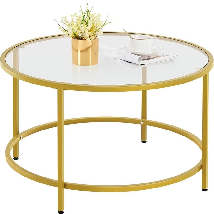 Salontafel ronde koffietafel met verstelbare beschermpoten bijzettafel woonkamertafel van gehard glas en metalen frame moderne glazen tafel voor woonkamer balkon 80 × 80 × 45 cm mosterdgeel