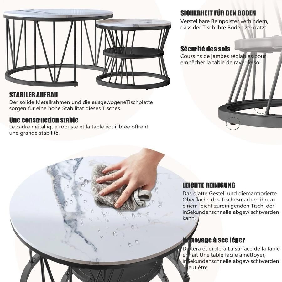 Salontafel Ronde Simulatie Marmer Set van 2 – Salontafel Rond – Salon Tafel – SalontafelsModerne stijl met metalen frame geschikt voor woonkamer & balkon