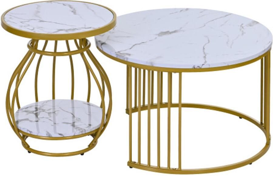 GOTAGEE Salontafel salontafelset van 2 ronde tafel woonkamer rond met metalen frame bijzettafel wit moderne bijzettafels voor de woonkamer witgouden marmerlook