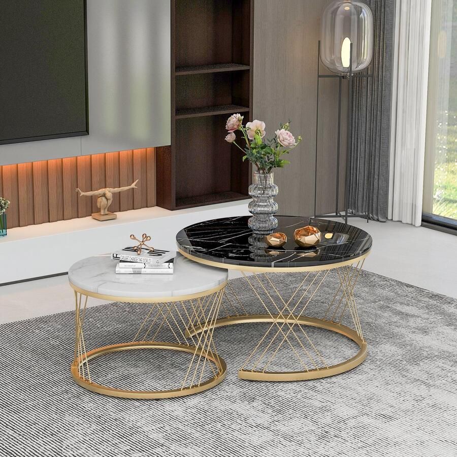 Pugsdrly Moderne nesting salontafel salontafelset marmerfineer bankzijde nesting van tafels ronde bijzettafels set van 2 gouden kleur frame - Foto 2