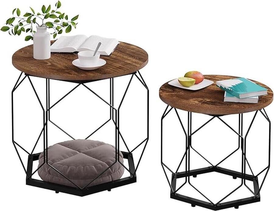 Multifunctioneel Salontafel Set van 2 Rond Afneembare Tafelblad- Bijzettafel Compact & Uniek & Ruimtebesparend Laptop Tafel & Hol Zwart Metalen Frame Salontafel & Opbergruimte 50*40.5*50cm 40*37*40cm Bruin Houtmateriaal Klasse E1 Stevig & Stabiel - Foto 2