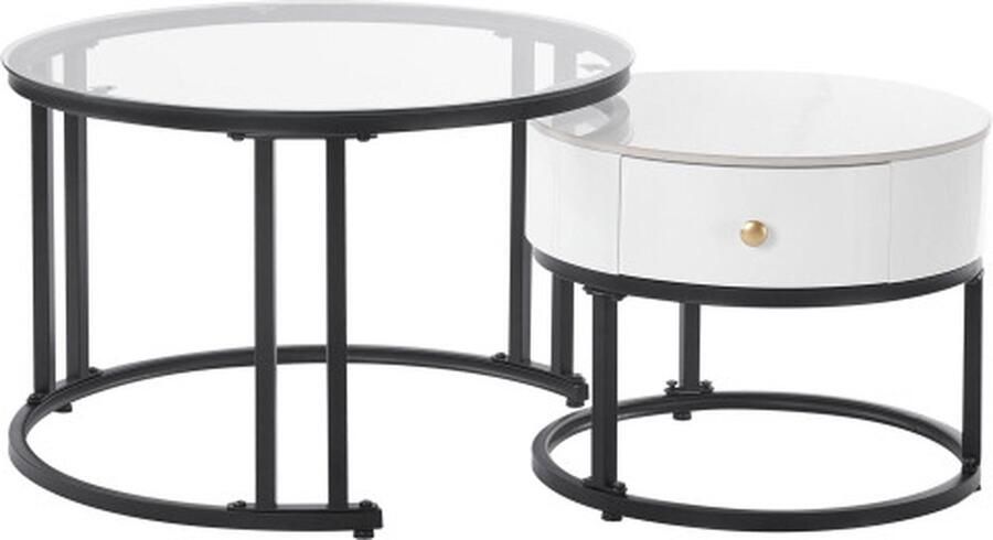 Zonder merk Gotagee Salontafel Set van 2 Glazen marmeren stenen blad en houten lades Wit