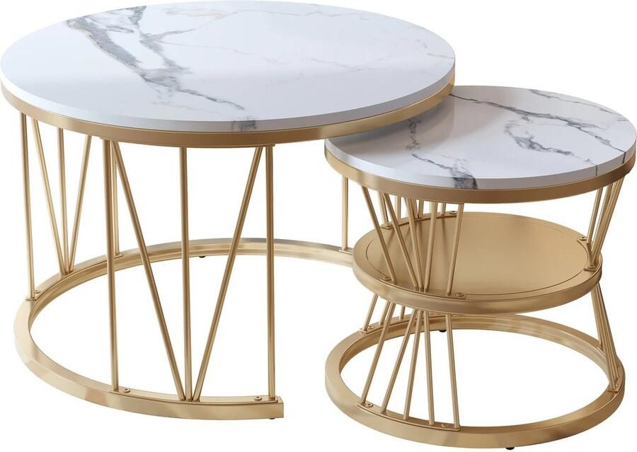 Salontafel set van 2 Goud wit 45cm 70cm Tafel Bijzettafel Ronde tafel Salontafel set