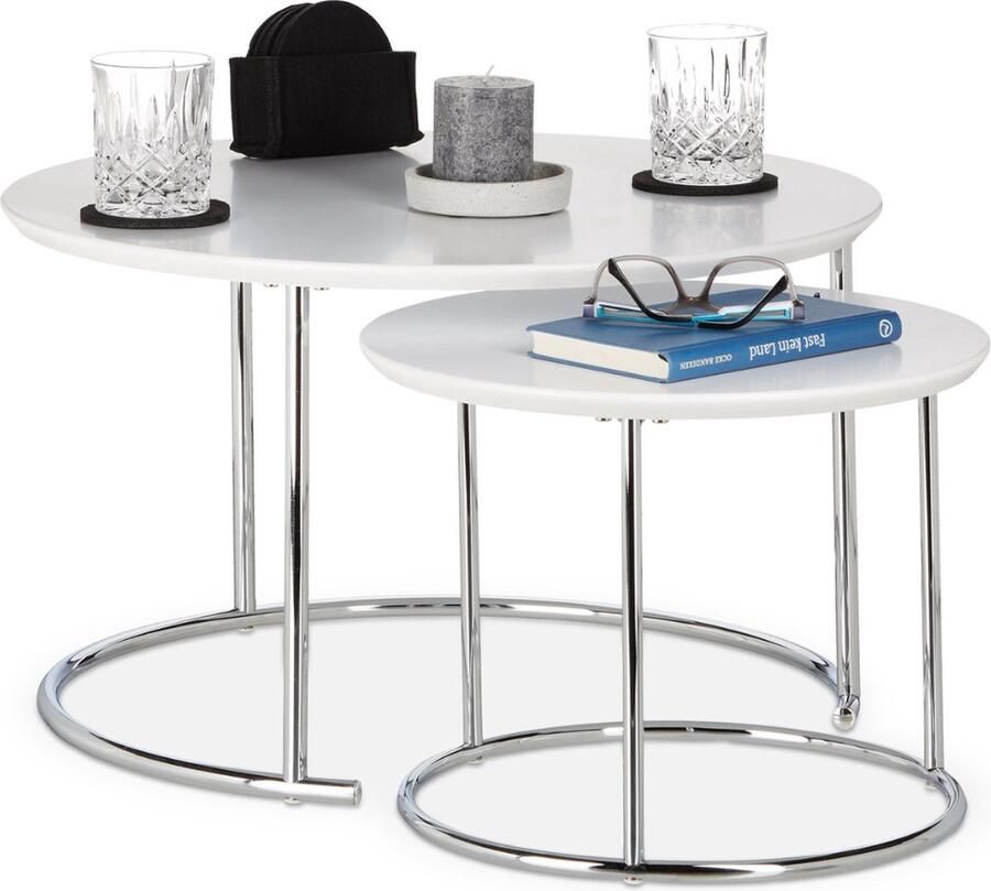 Salontafel set van 2 groottes staal houtlook rond woonkamer wit