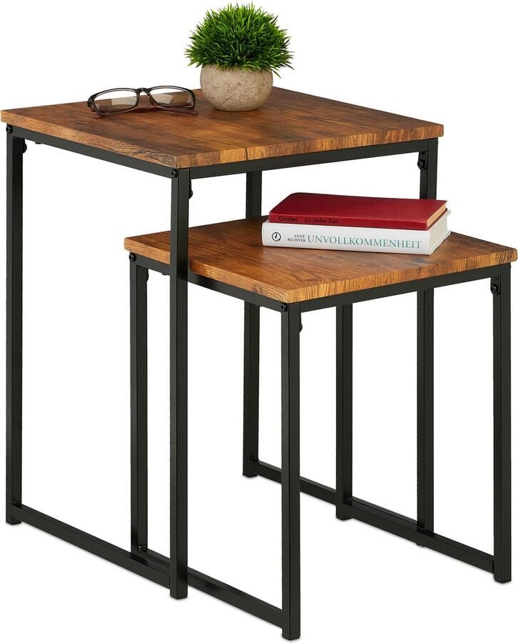 Relaxdays bijzettafel set van 2 stapelbaar mimiset 2 groottes vierkant metaal woonkamer bruin-zwart B