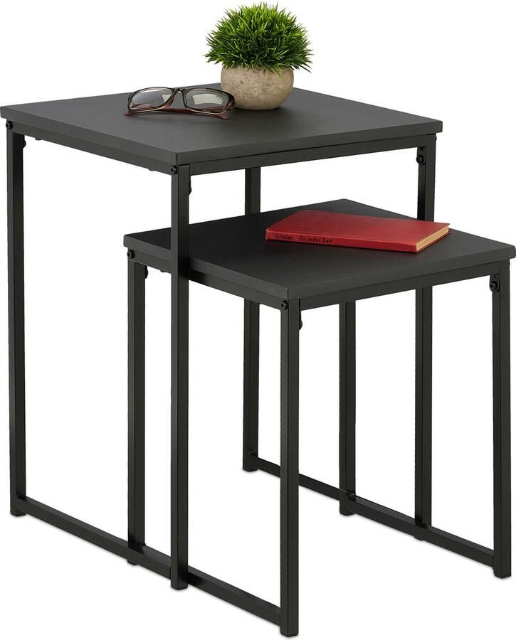 Relaxdays bijzettafel set van 2 stapelbaar mimiset 2 groottes vierkant metaal woonkamer hal zwart A