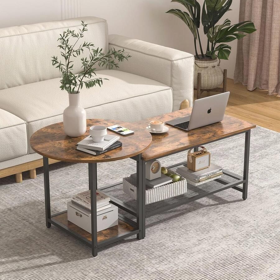 Salontafel Set van 2-in-1 Afneembare Houten Salontafel met Ronde Tafel voor Woonkamer Rustiek Bruin met Opbergruimte