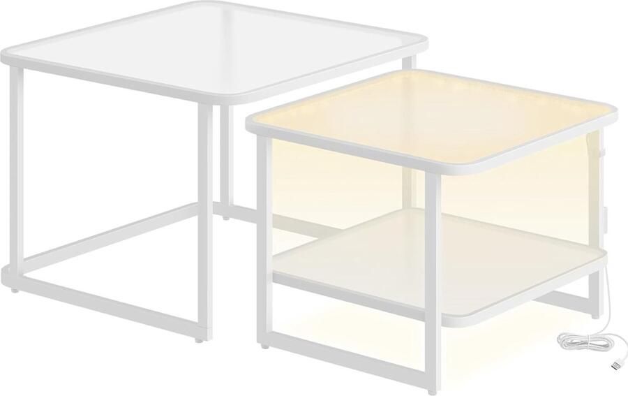 Salontafel Set van 2 LED-verlichting Vierkante bijzettafel Moderne matglazen bodemplank Woonkamer Slaapkamer Kantoor Wolkwit Parelwit