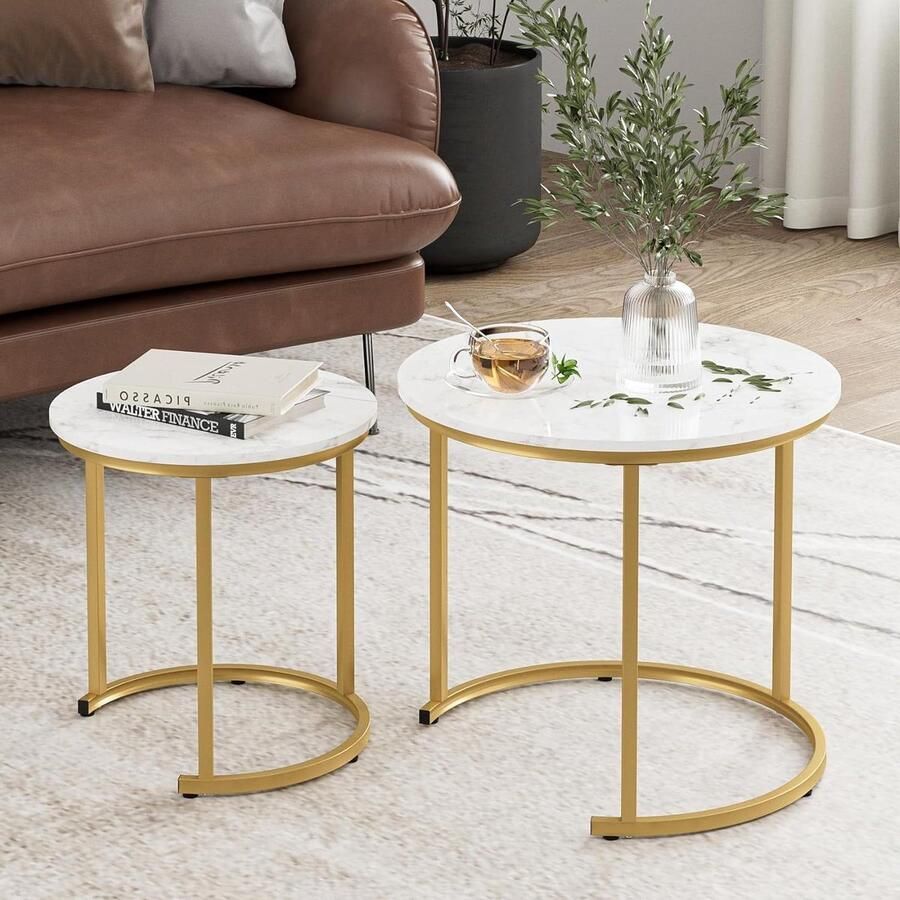 Salontafel rond set van 2 woonkamertafel bijzettafels goud metaal koffietafel voor salontafel woonkamer slaapkamer witte inkt goud