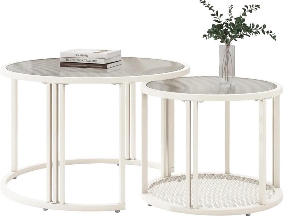 Salontafel Set van 2 Salontafels Rond Bijzettafel met Glazen Tafelblad Elegante Set Koffietafels Wit Staal Glas