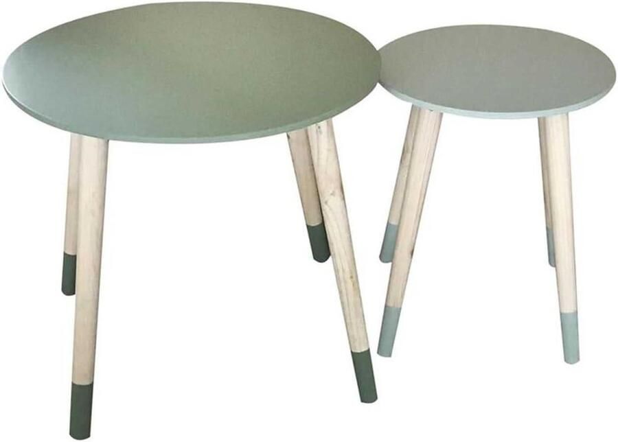 Salontafel Set van 2 uittrekbare ronde tweekleurige groene houten klein 33 x 40 cm hoogte 43 x 48 cm