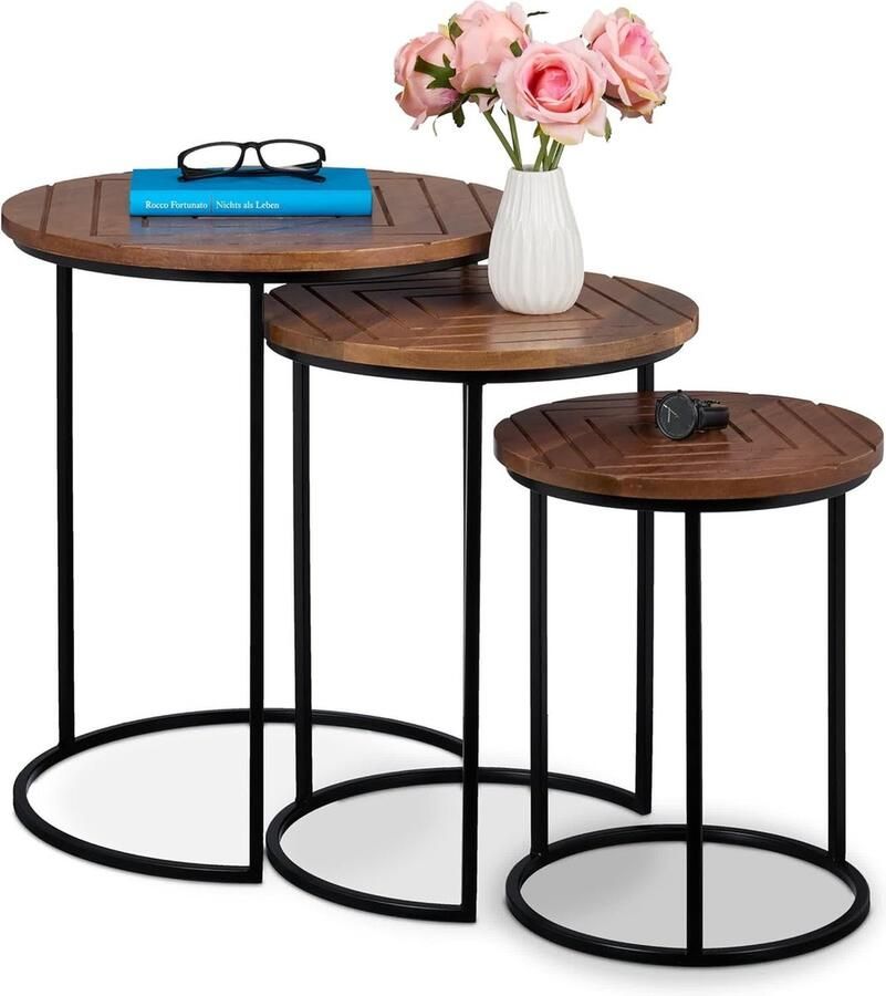 Salontafel Set van 3 Mangohout & IJzer Bruin-Zwart